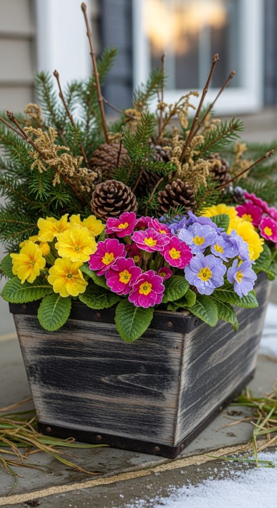 rustic style planters with spring flowers, branches and pinecones Winter to Spring Planter