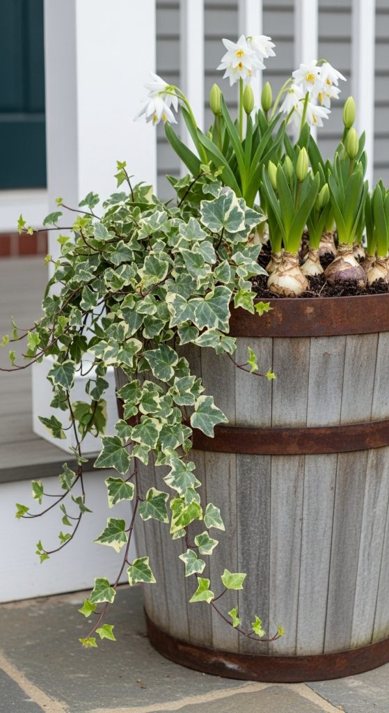 Round whiskey barrel planter with trailing ivy
