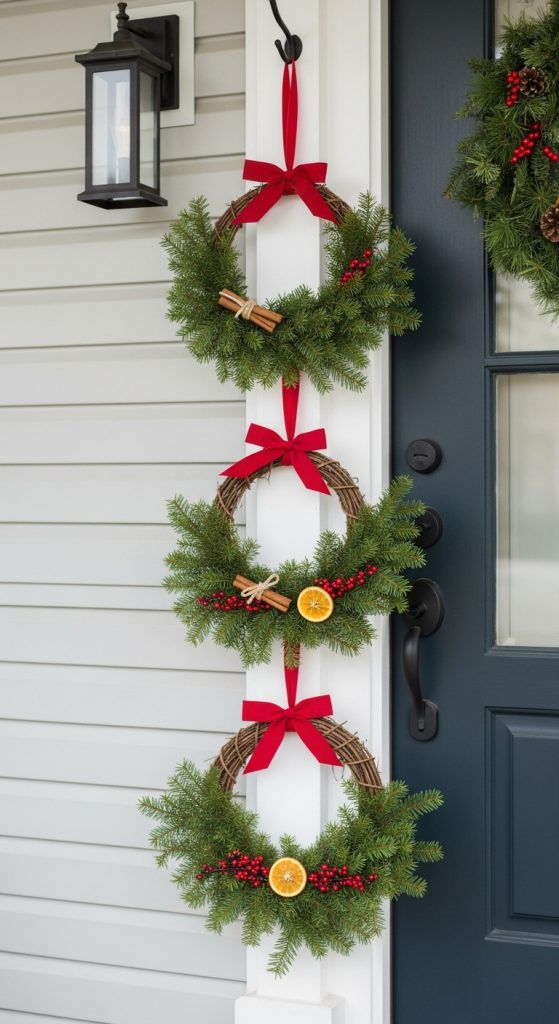 Trio of mini wreaths hung vertically with red ribbon and berries simple front porch christmas decor ideas