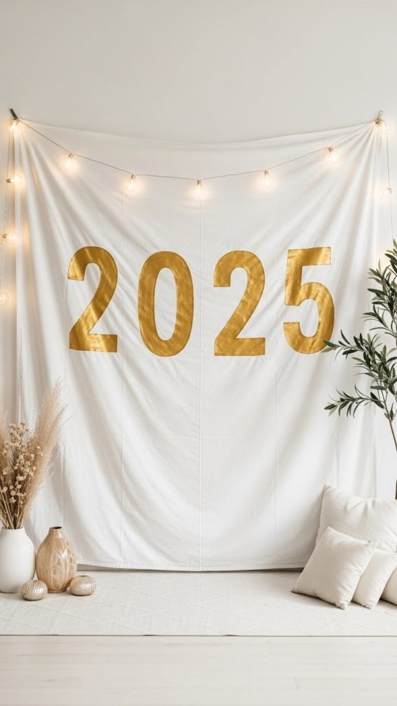 white bed shett with 2025 painted in gold paint NYE Backdrop