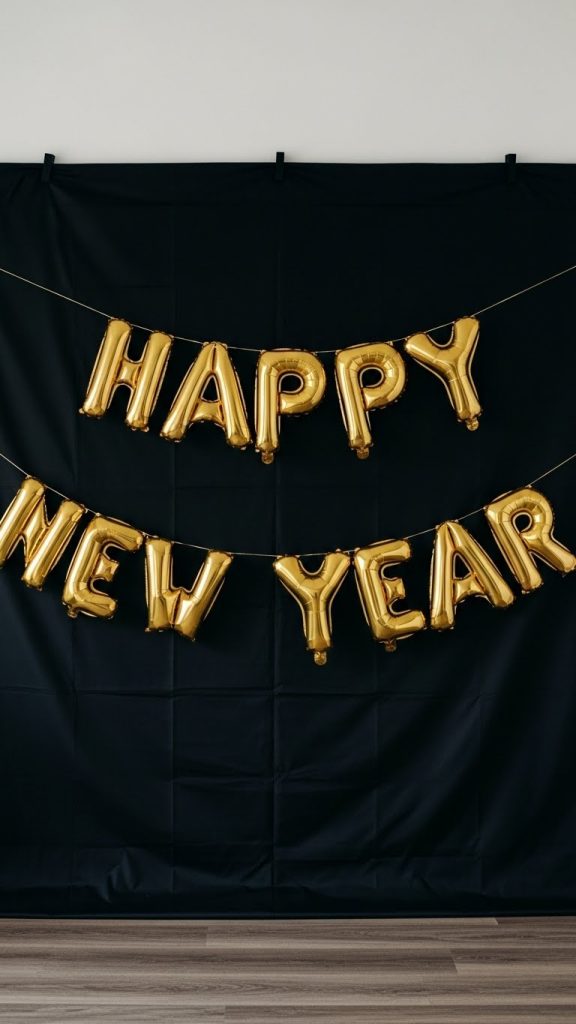 black background with large gold balloons that spell happy new year