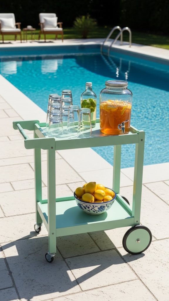 green plastic bar cart outside next to pool on hot summers day