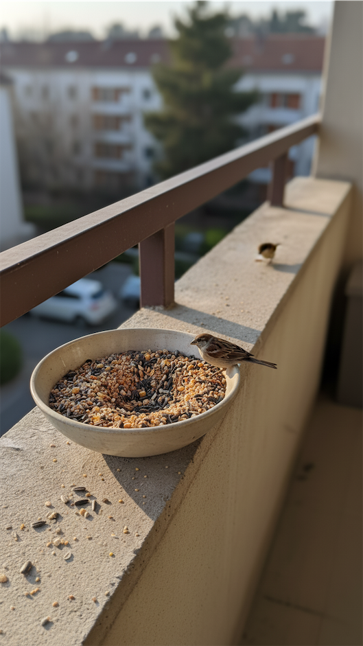 bowl with bird seed on a ledge