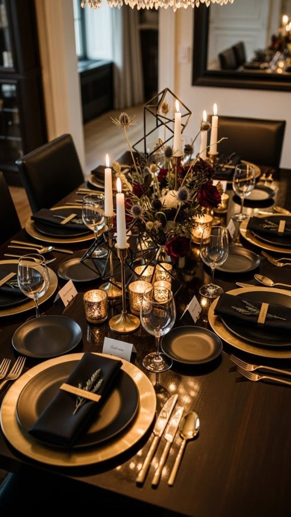 black and gold themed Elegant New Years Eve Table