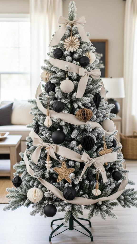 12 Modern Christmas Tree Decor Ideas for Farmhouses black ornaments and white ribbon 