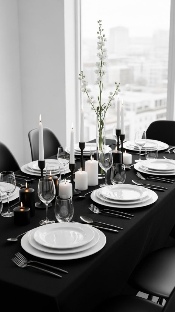 black and white themed elegant dining room table