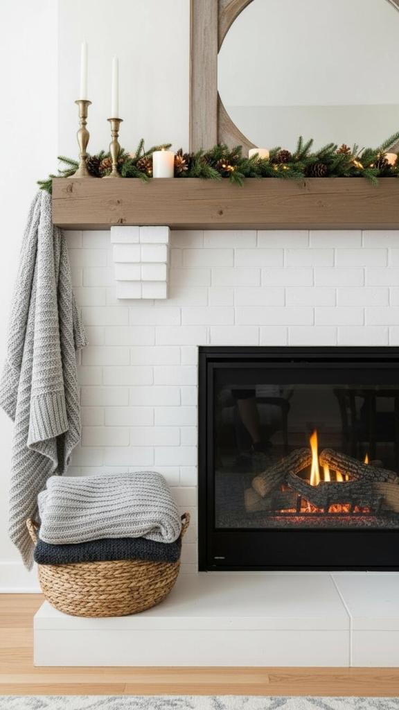 cozy knits in baskets and hanging from mantle with subtle christmas decor