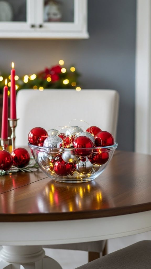 Glass bowl filled with red baubles and twinkle lights Christmas Centerpiece Ideas for Round Dining Room Tables