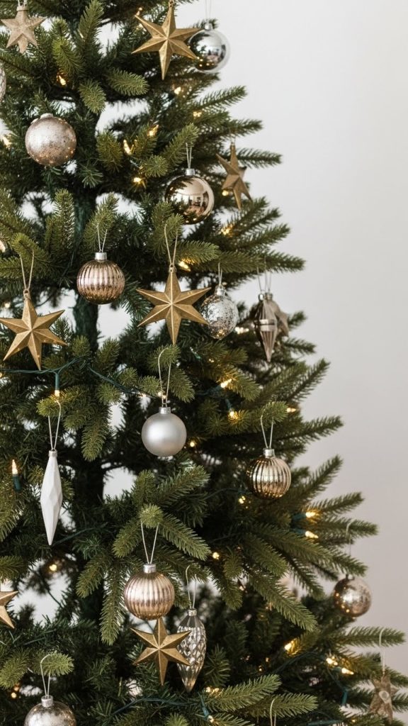 gold and brass ornaments on a Modern Christmas Tree for Farmhouses