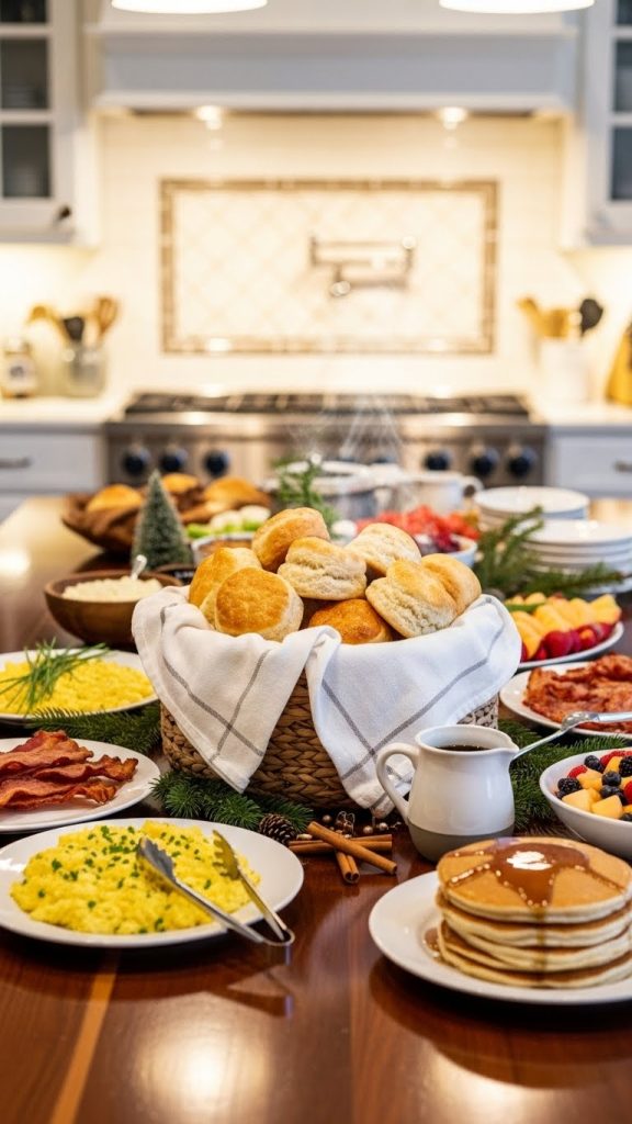 Basket on kitchen island full of bread rolls and biscuits