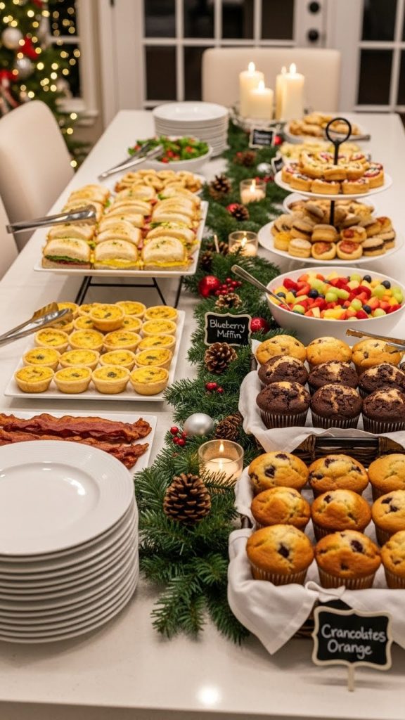 muffin selection labeled by mini signs on breakfast table