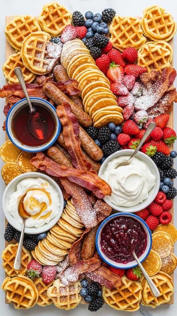 Breakfast charcuterie board full of bacon, waffles and maple syrup