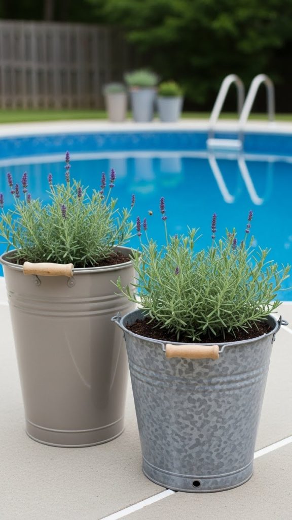 galvanized buckets used as planters on pool patio