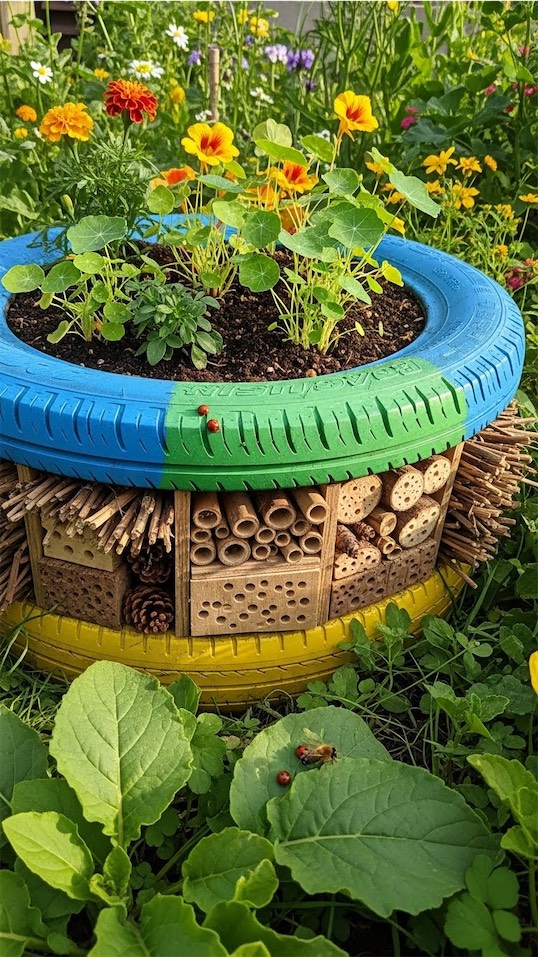 tire painted and set up as a bug hotel in garden
