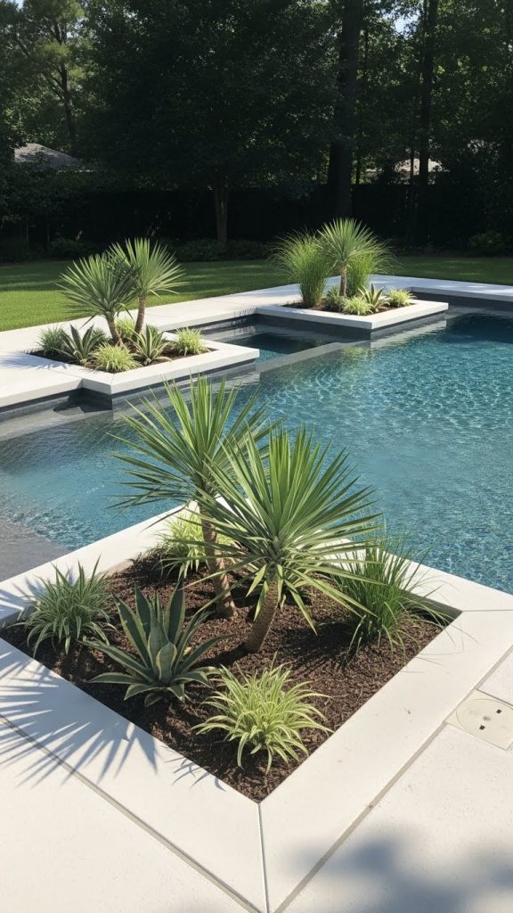 corner planters built in next to pool