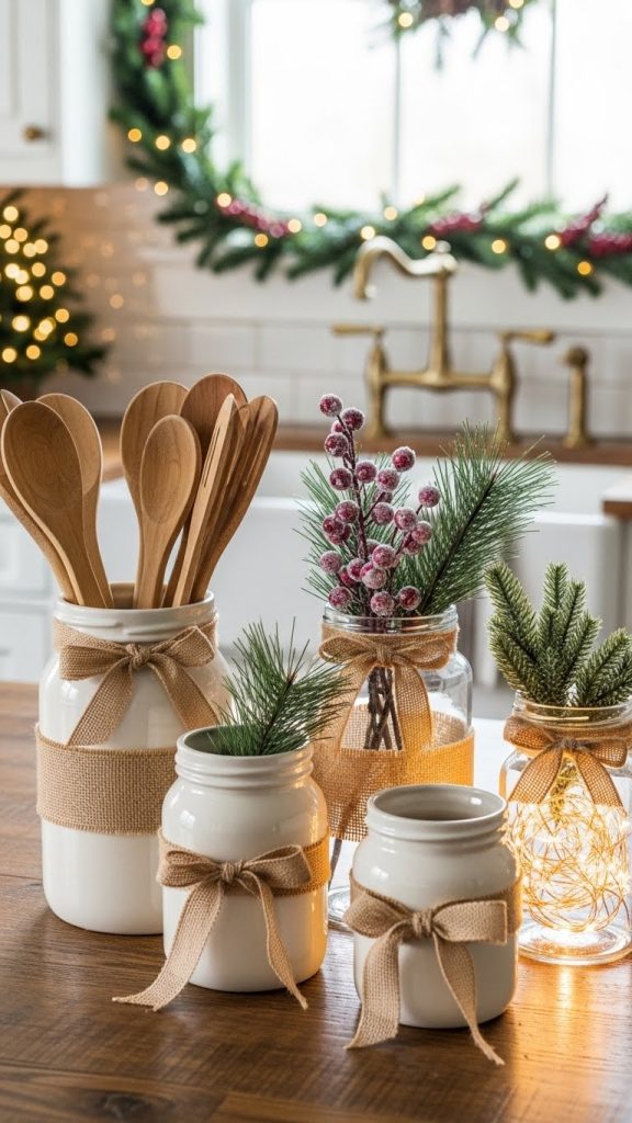 mason jars with burlap ribbons and evergreen sprigs Decorate Farmhouse Kitchen For Christmas