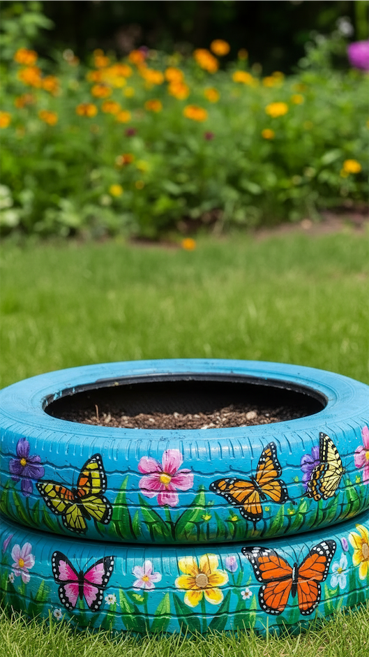 tire Planter with butterflies painted on it 