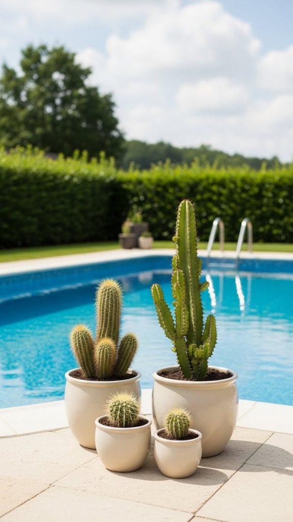 simple planters with cacti next to pool