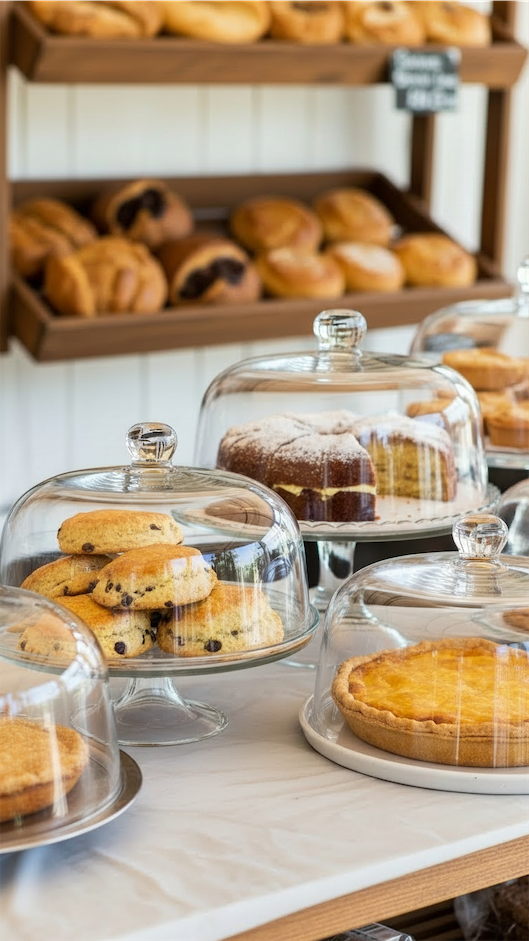 cakes under glass domes Farmers Market Bakery Display