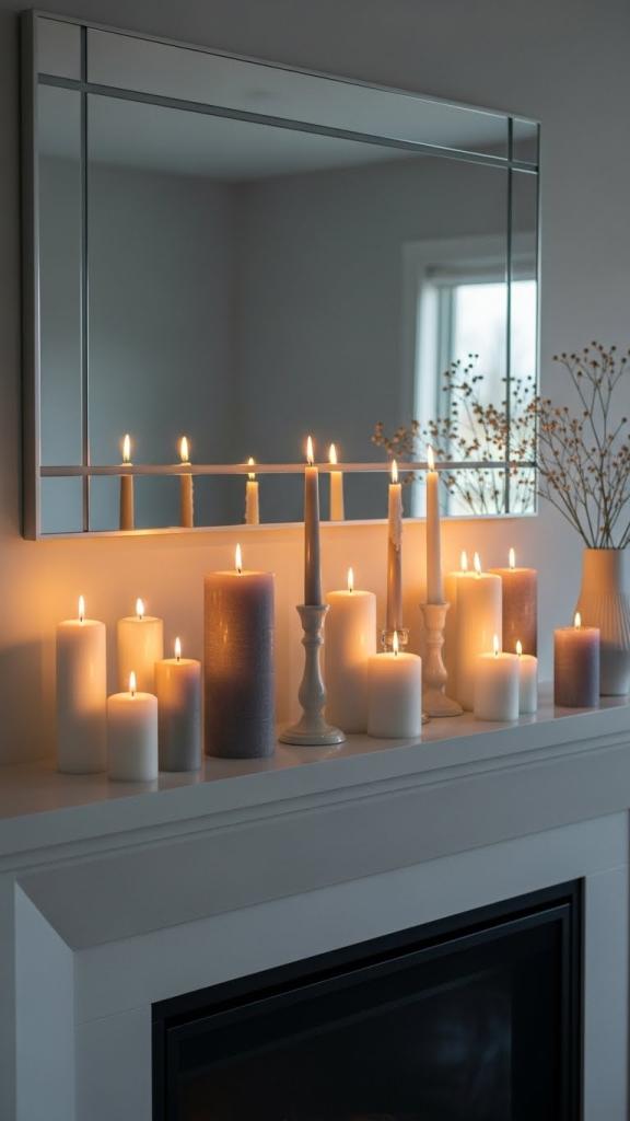 candle in different heights on a white mantle piece
