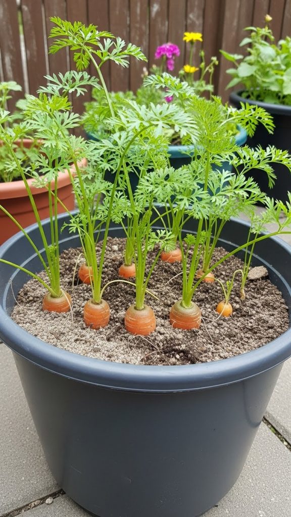 carrots being grown in a container bucket Vegetables You Can Grow in Buckets