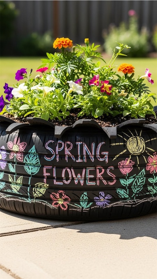 chalk painted tyre made into a planter