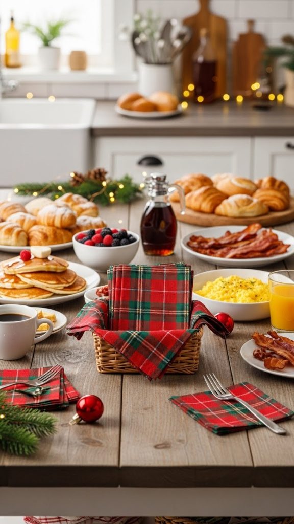red and green napkins on a small basket on the kitchen island