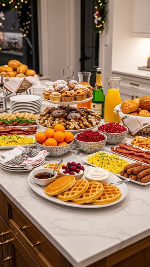 Oranges and cranberries in bowls being used as centerpieces on a Christmas buffet table