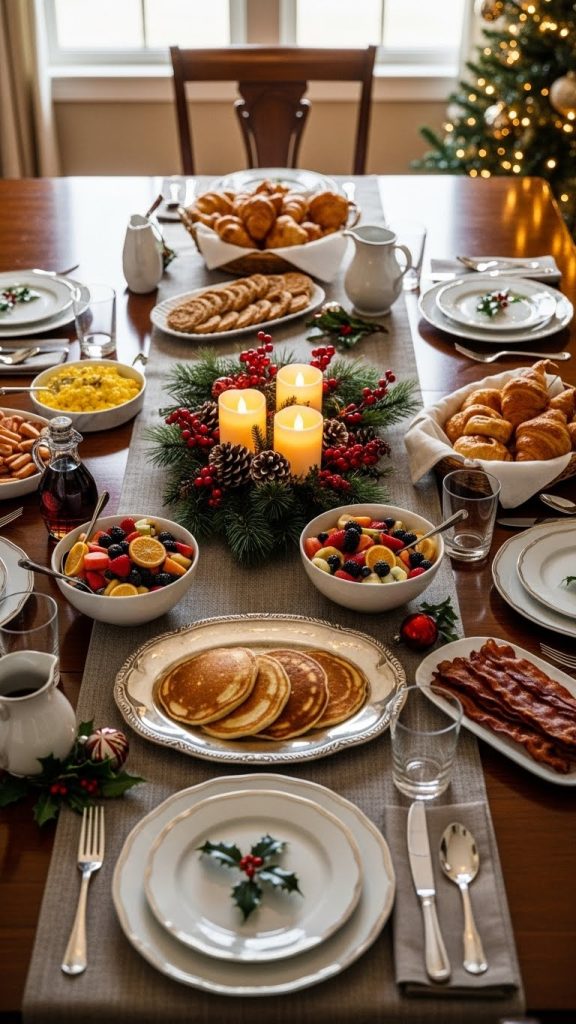 christmas buffet table decorated with a linen table runner