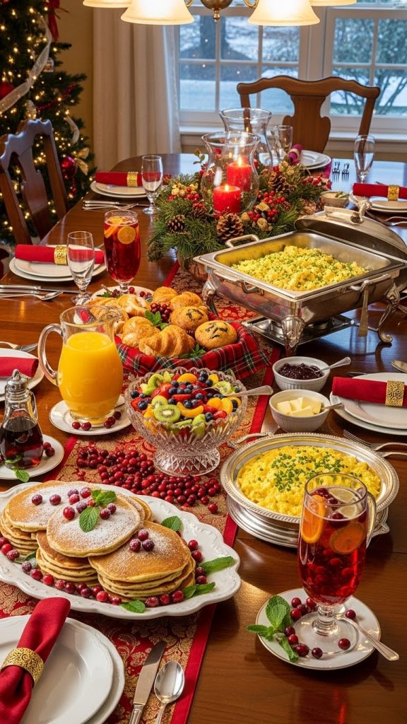 Christmas Breakfast Buffet Table decorated with cranberries and mint leaves