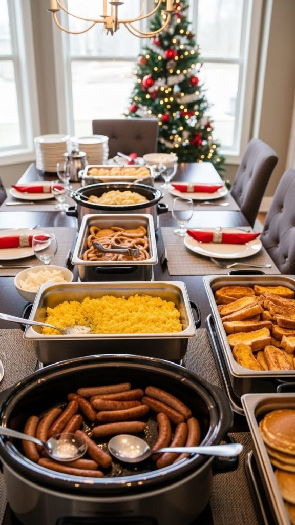Sausages, eggs and waffles on hot plates on a dining room table for Christmas