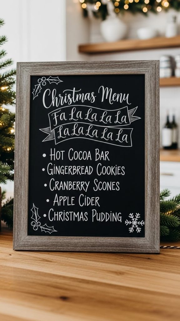 Close up of a chalkboard sign with a Christmas menu written on it 