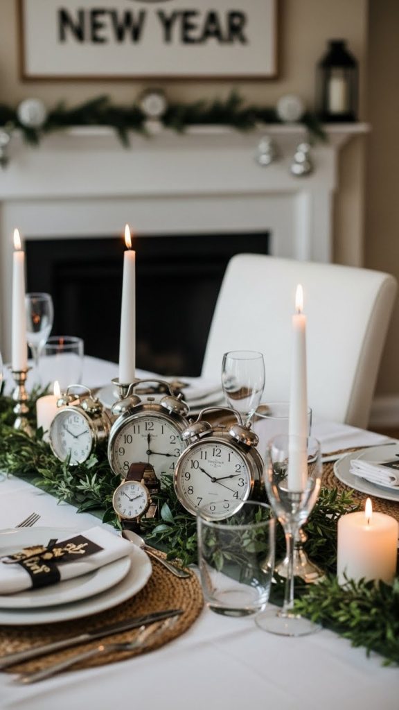 clocks put together on a dining room table for New Year’s as centerpieces