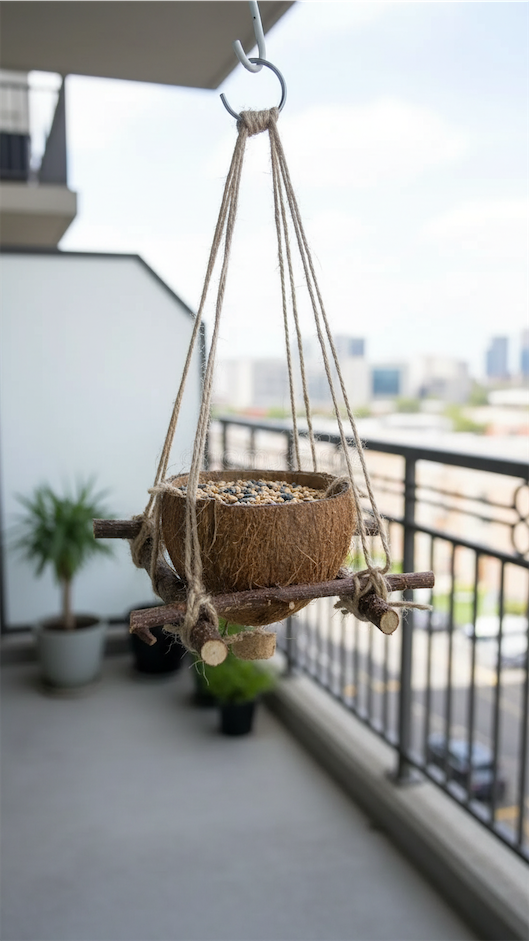 coconut shell hanging from balcony to feed birds