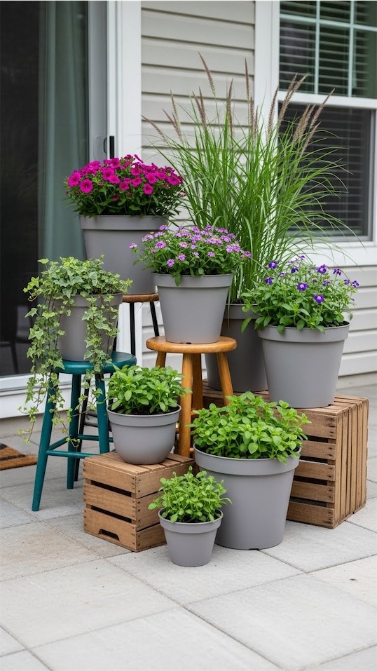 Container Gardening on Patio set at different heights for a rustic look