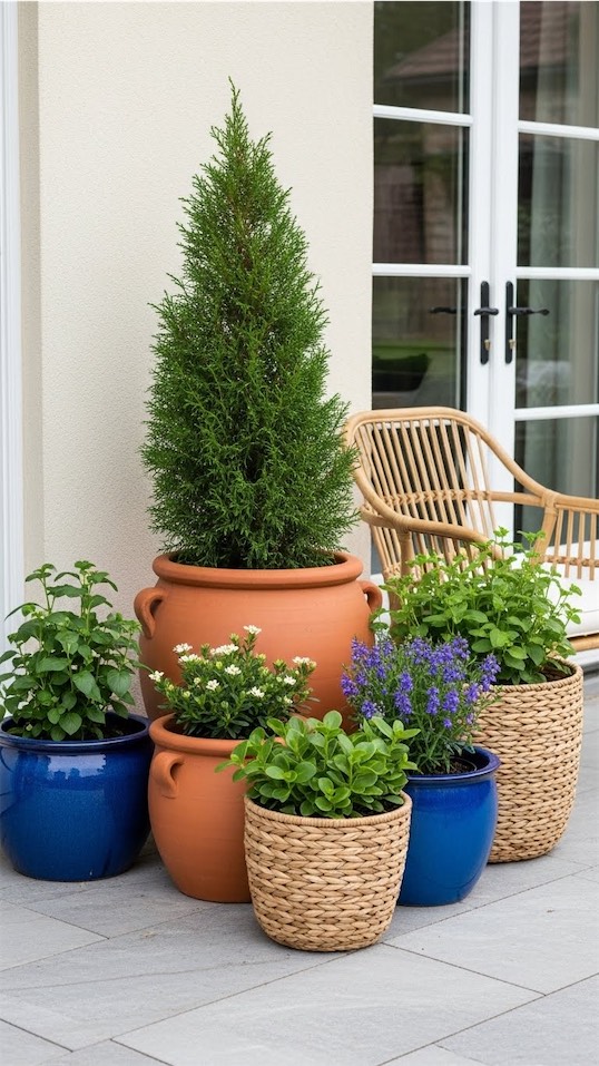 mixed material planters on patio with different flowers and plants