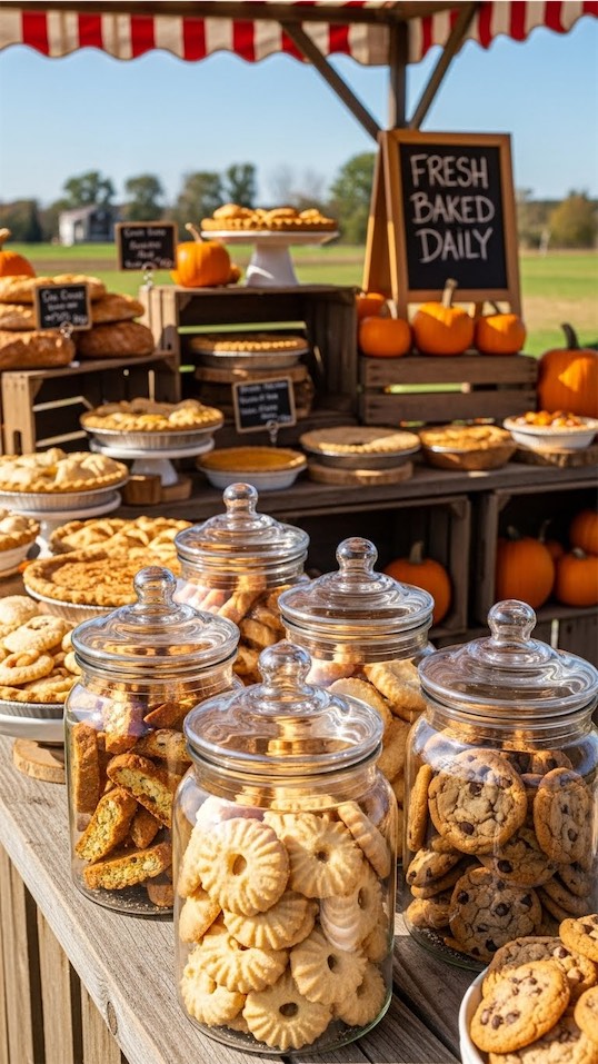 Farmers Market Bakery Display cookies in glass jars