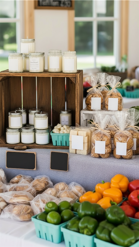 crafts and eye level to draw in customer attention mixed with veg on farmers stand