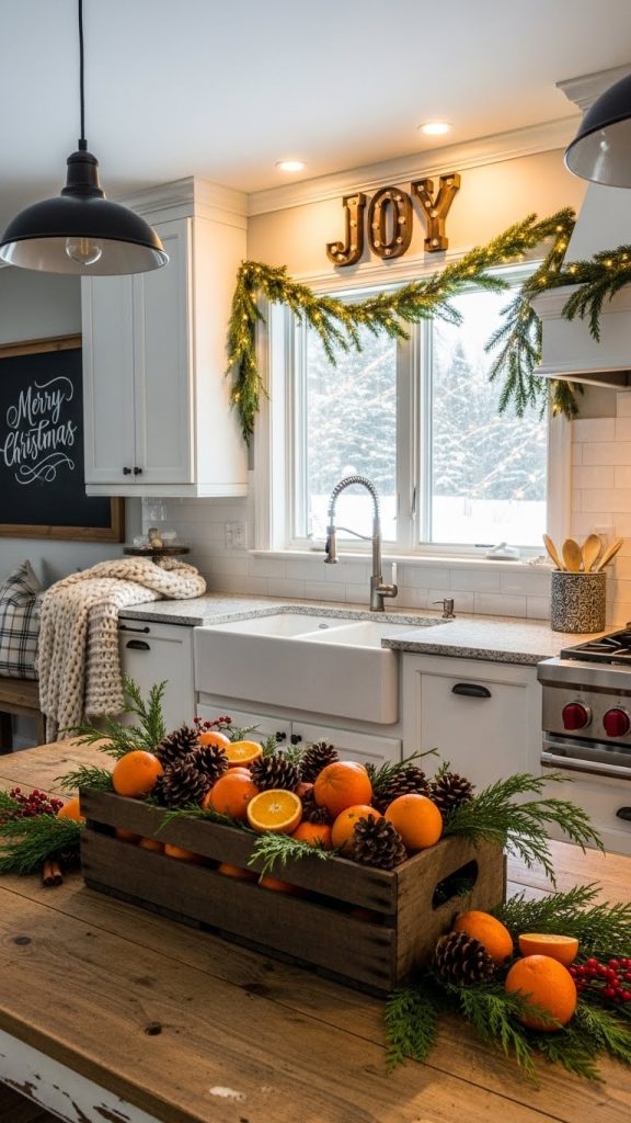 wooden crate filled with evergreen sprigs and oranges on a kitchen island for christmas