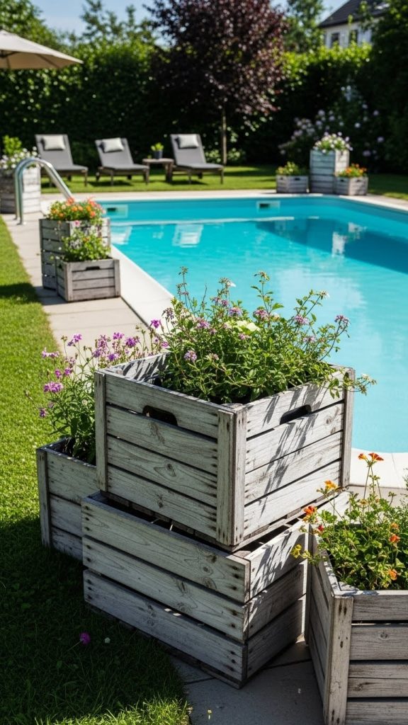 rustic crates stacked and used as planters