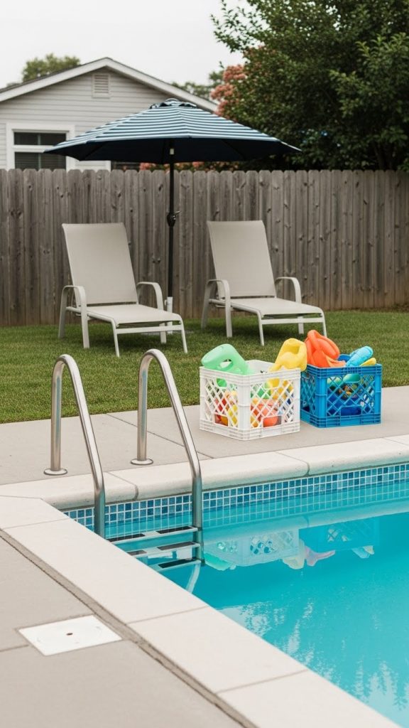 White crates being used to hold pool toys