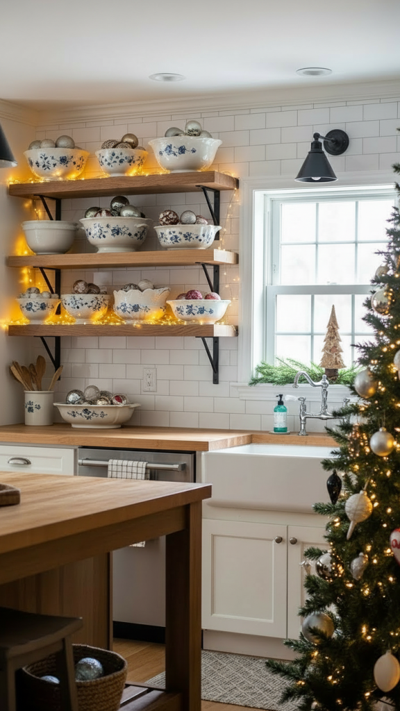 crockery pots filled with baubles on kitchen shelves in a farmhouse kitchen for christmas