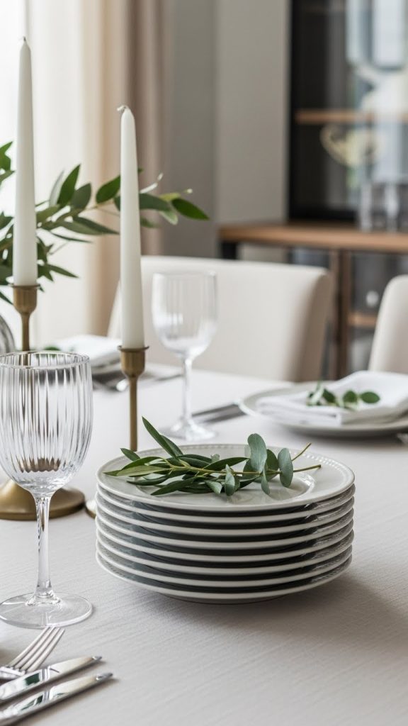 a stack of dessert plates on a dining table with a sprig of greenery on top