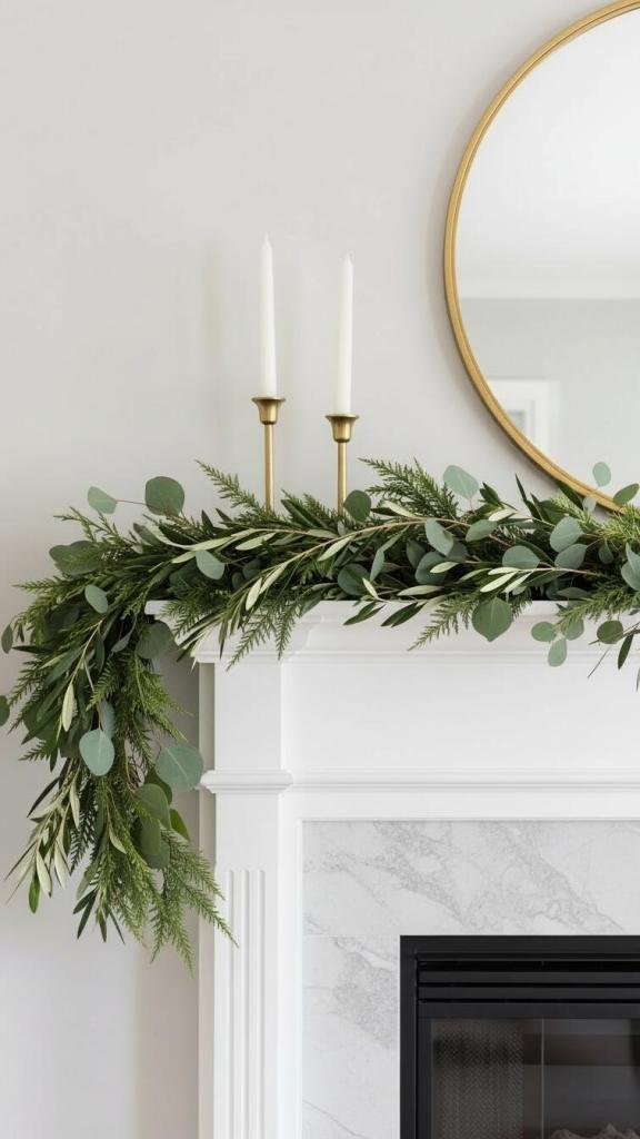 Greenary made of eucalyptus and greenery on a white mantle piece for january