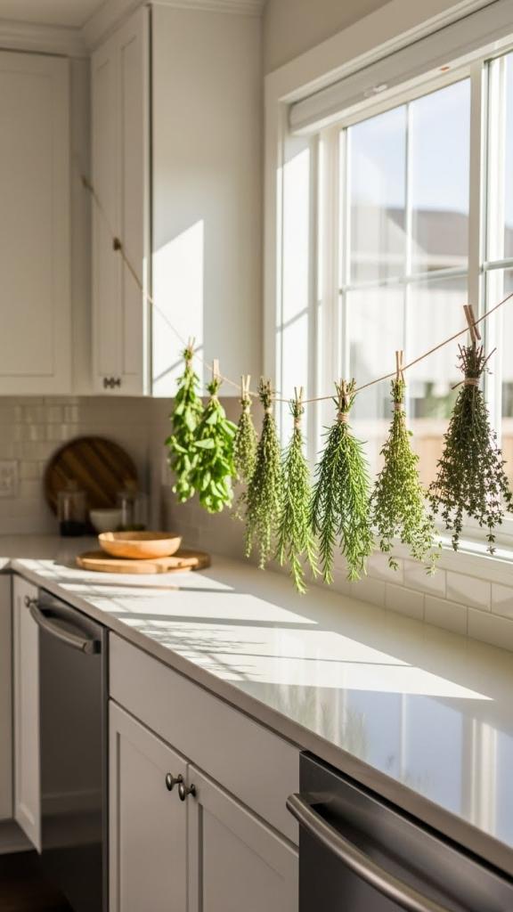 herb drying on twine in front of kitchen window