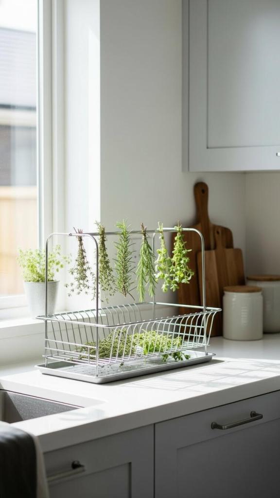 metal wash rack being used to dry herbs