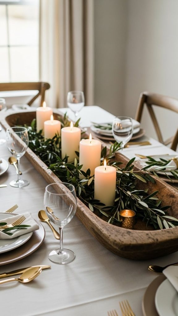 rustic dough bowl used as a centerpiece with greenery and pillar candles