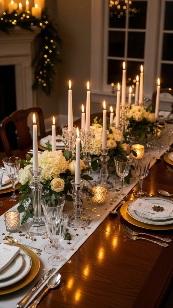 tall tapered white candles in crystal candle holders on a table decorated for nye