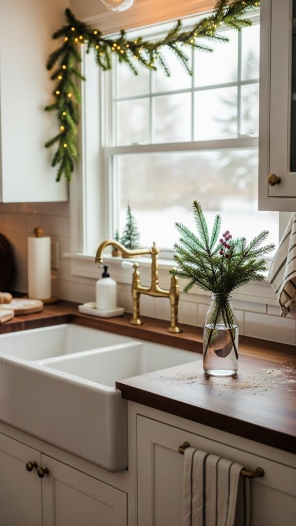 Decorate Farmhouse Kitchen for Christmas with a simple milk bottle filled with evergreen clippings