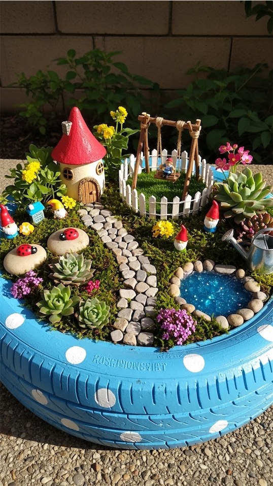 fairy garden kids tire planter idea